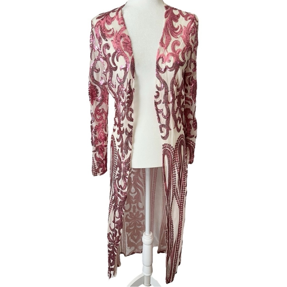 Boho Pink Sequin Glam Mesh Duster Size Small - image 1